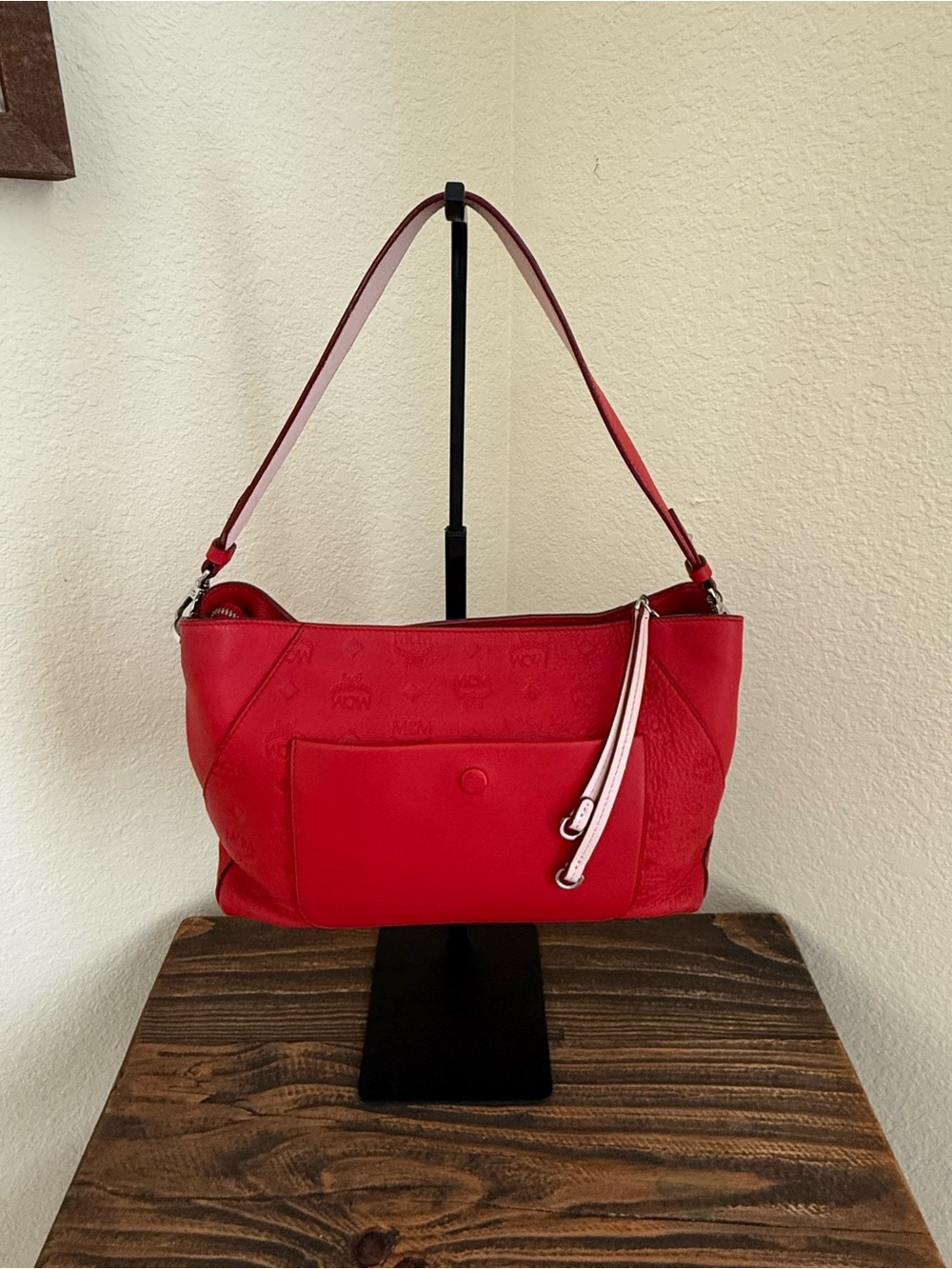 MCM Klara Embossed Leather Hobo Shoulder Bag – Red/Pink | COA Included